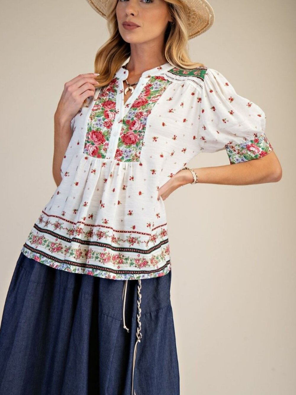 NWT Easel Sage Pink Floral Printed Puff Sleeve Top